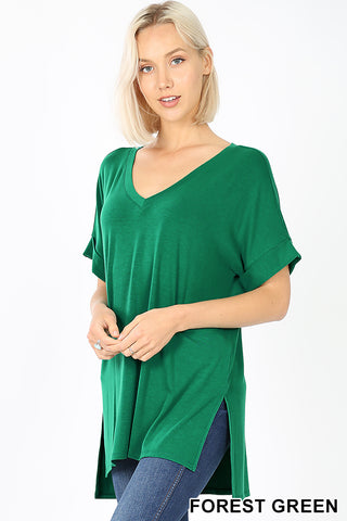 4856 1/4S Rolled V Neck HiLo Side Slit TOP in FOREST GREEN