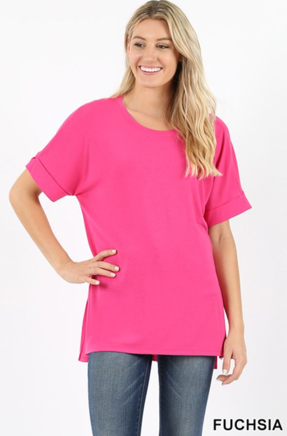 5457 1/4S Rolled R Neck HiLo Side Slit TOP in FUCHSIA