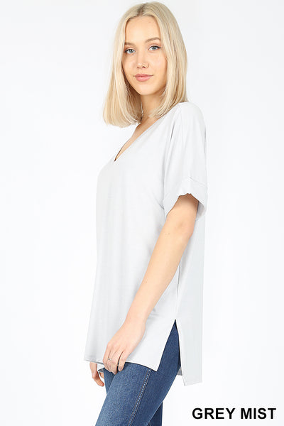 4860 1/4S Rolled V Neck HiLo Side Slit TOP in GREY MIST
