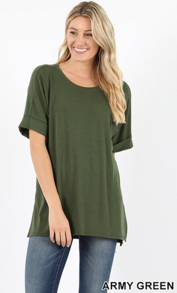 4680 1/4S Rolled R Neck HiLo Side Slit TOP in ARMY GREEN