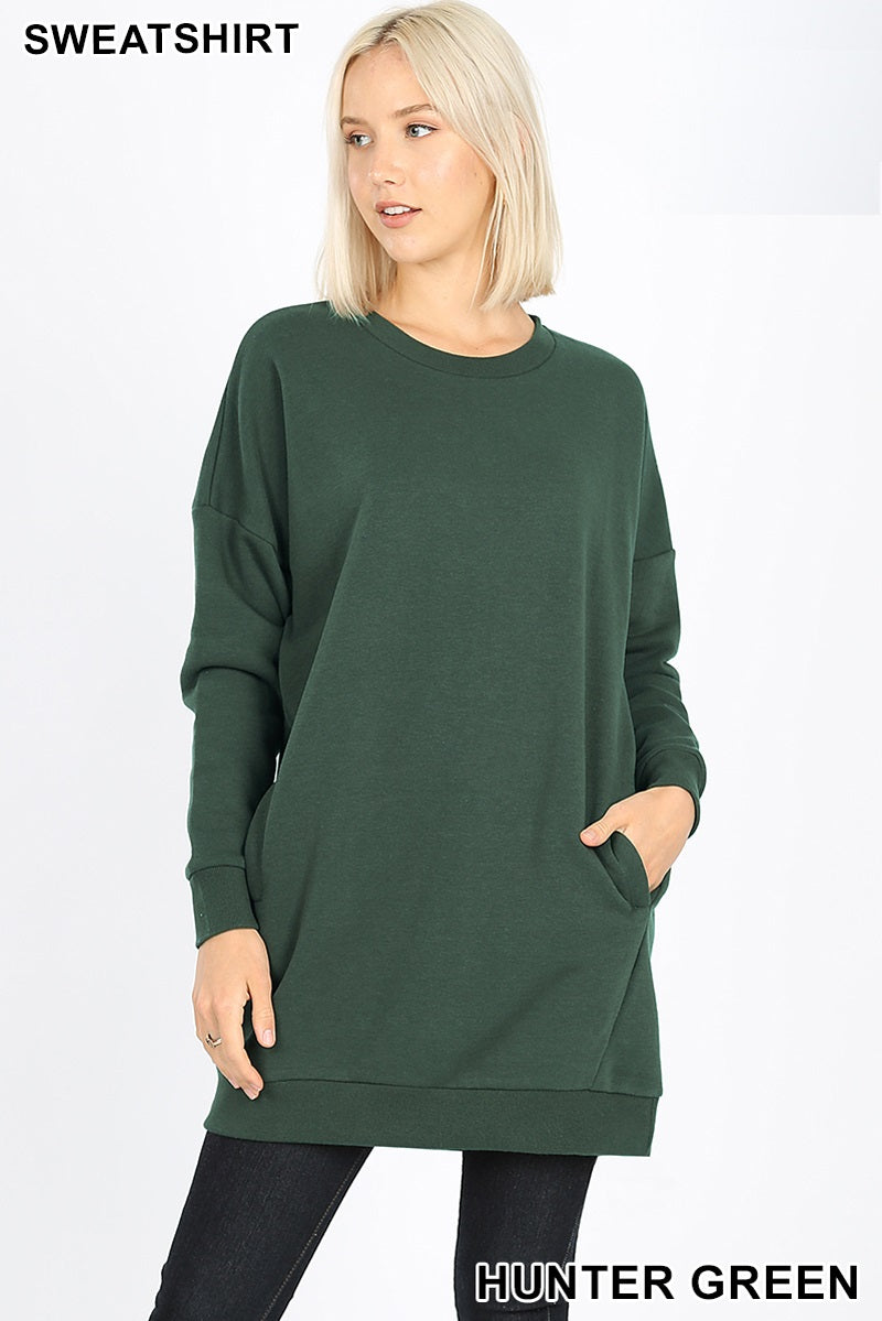 5707 4/4S OVZ R Neck SWEATSHIRT w PKTS in HUNTER GREEN