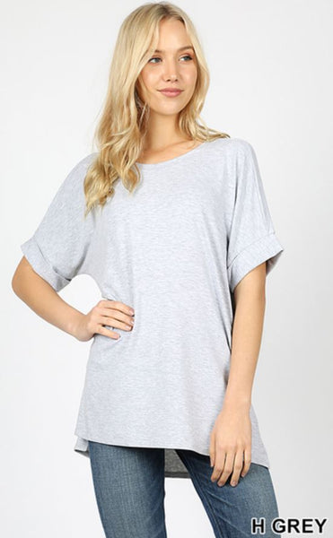 4679 1/4S Rolled R Neck HiLo Side Slit TOP in HEATHER GREY