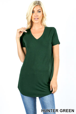 4892 1/4S V Neck Round Hem TOP in HUNTER GREEN