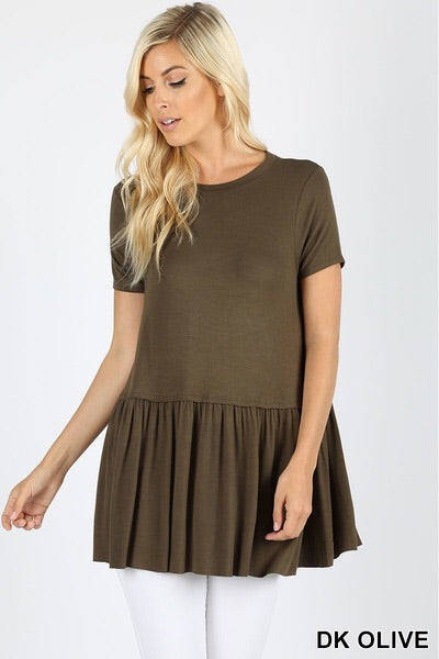 392 1/4S Ruffle Bottom TOP in DK OLIVE