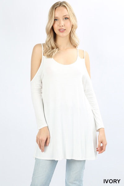 501 Long Sleeve Double Shoulder Strap Cold Shoulder TOP in IVORY