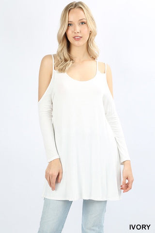 501 Long Sleeve Double Shoulder Strap Cold Shoulder TOP in IVORY