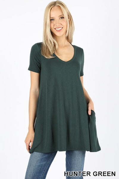 470 1/4S V Neck Flared TOP w/ Pockets in HUNTER GREEN