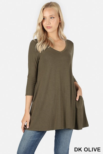 479 3/4S V-Neck Flared TOP w/ Pockets in DK OLIVE
