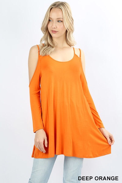 500 Long Sleeve Double Shoulder Strap Cold Shoulder TOP in D ORANGE