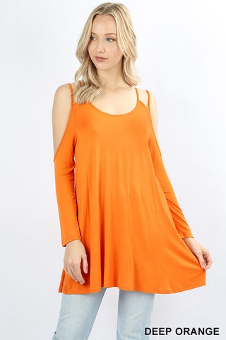 500 Long Sleeve Double Shoulder Strap Cold Shoulder TOP in D ORANGE