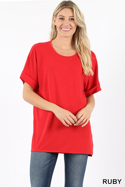 5463 1/4S Rolled R Neck HiLo Side Slit TOP in RUBY
