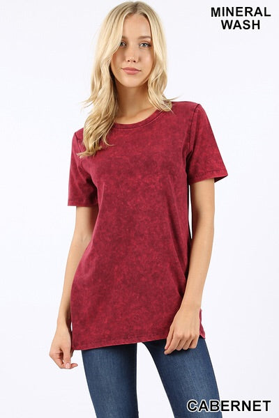 5435 1/4S Mineral Wash Round Neck TOP in CABERNET
