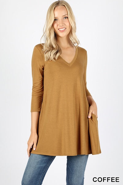 480 3/4S V-Neck Flared TOP w/ Pockets in COFFEE