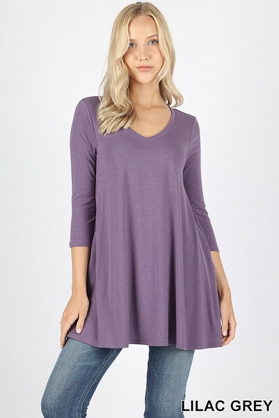 475 3/4S V-Neck Flared TOP w/ Pockets in LILAC GREY