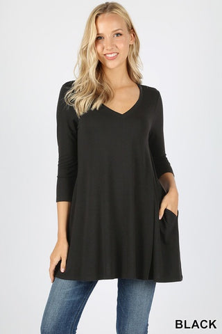 473 3/4S V-Neck Flared TOP w/ Pockets in BLACK
