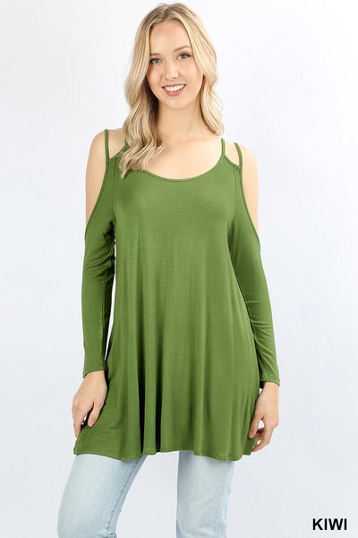 502 Long Sleeve Double Shoulder Strap Cold Shoulder TOP in KIWI