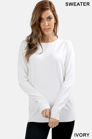 5222 Round Neck w/ Sleeve Button Detail SWEATER in IVORY