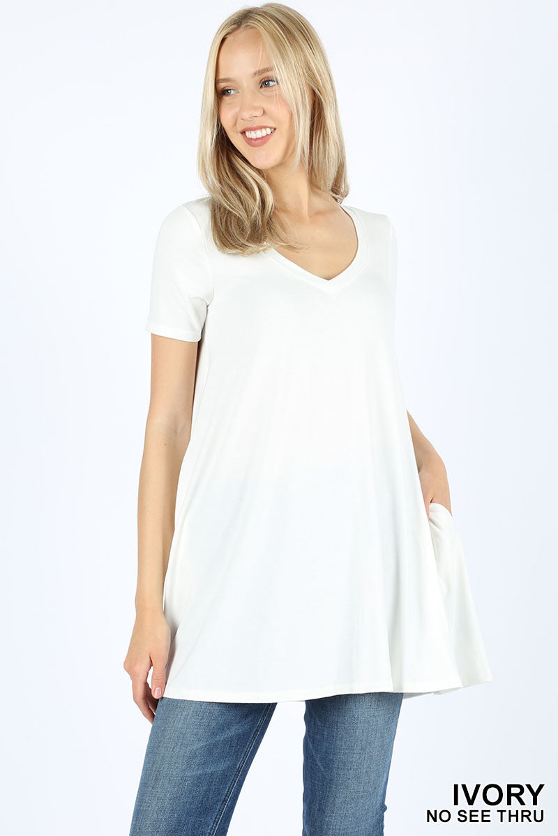 4736 1/4S V Neck Flared TOP w/ Pockets in IVORY
