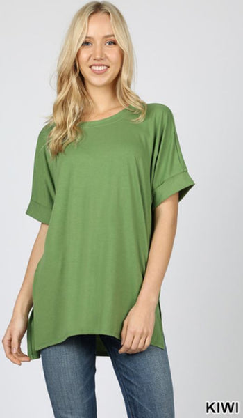5452 1/4S Rolled R Neck HiLo Side Slit TOP in KIWI