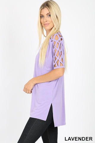 4530 1/4S Criss Cross Shoulder HiLo Hem TOP in LAVENDER