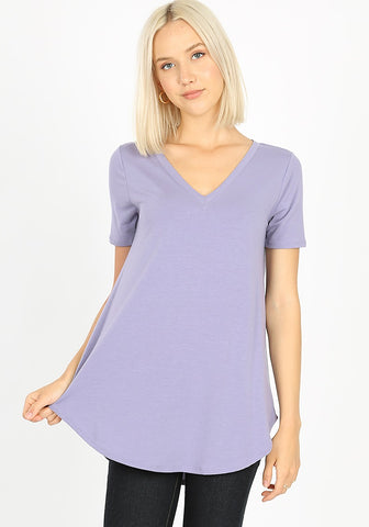 4896 1/4S V Neck Round Hem TOP in DUSTY LAVENDER
