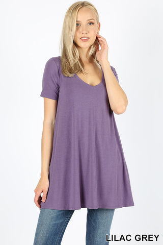 4738 1/4S V Neck Flared TOP w/ Pockets in LILAC GREY