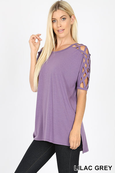 4529 1/4S Criss Cross Shoulder HiLo Hem TOP in LILAC GREY