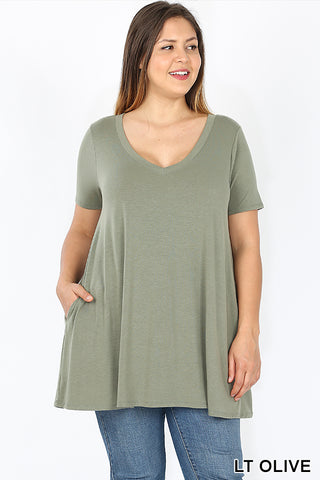 4739 1/4S V Neck Flared TOP w/ Pockets in LT OLIVE