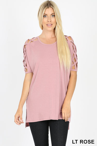 4523 1/4S Criss Cross Shoulder HiLo Hem TOP in LT ROSE