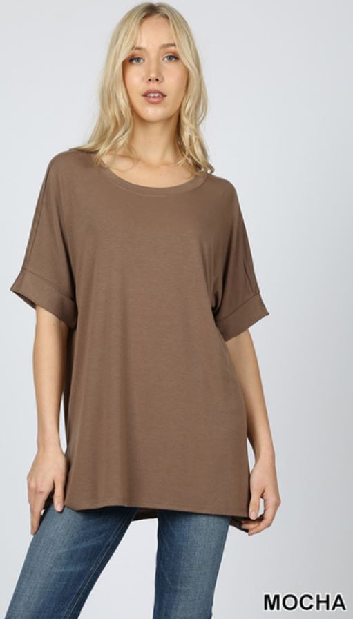5460 1/4S Rolled R Neck HiLo Side Slit TOP in MOCHA