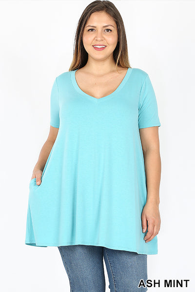 4729 1/4S V Neck Flared TOP w/ Pockets in ASH MINT