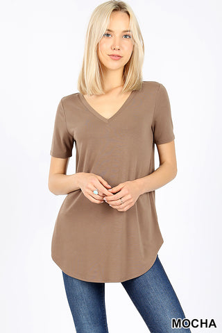 4839 1/4S V Neck Round Hem TOP in MOCHA