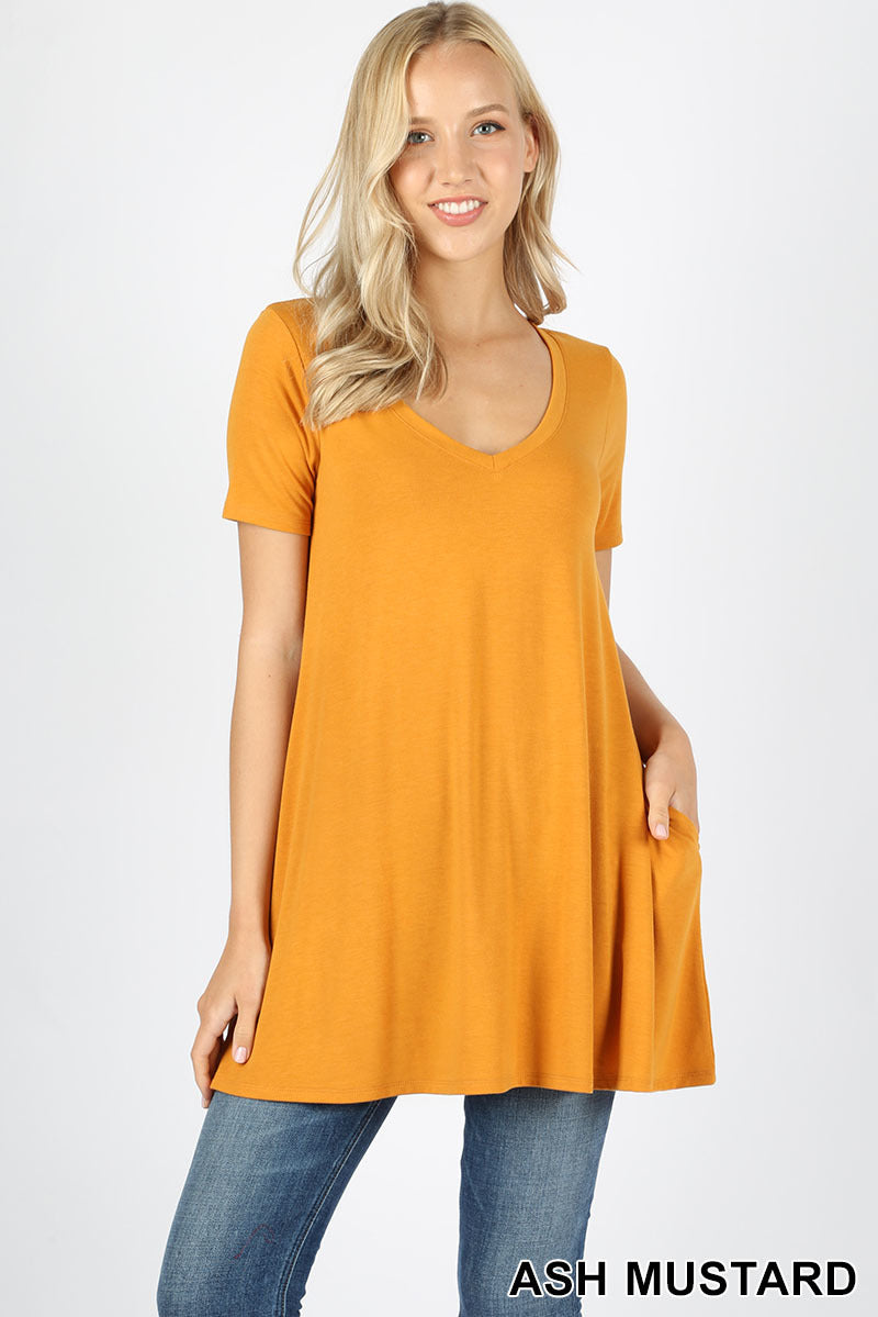 4730 1/4S V Neck Flared TOP w/ Pockets in ASH MUSTARD