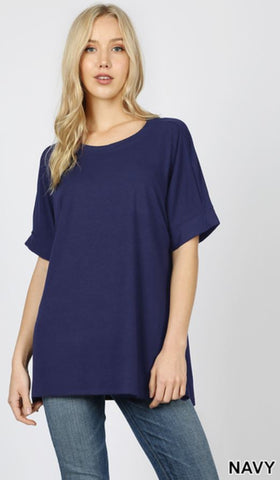 4630 1/4S Rolled R Neck HiLo Side Slit TOP in NAVY