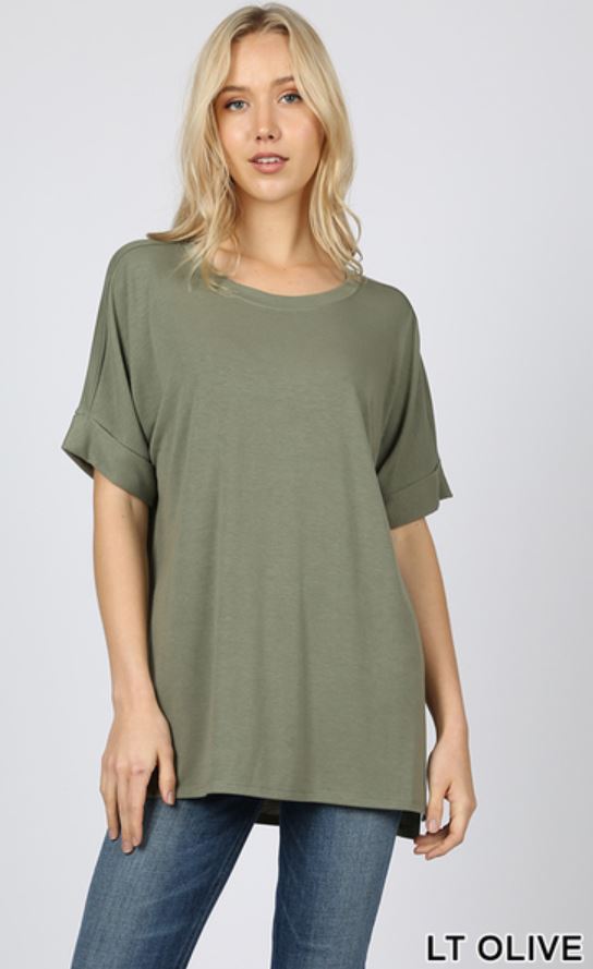 5459 1/4S Rolled R Neck HiLo Side Slit TOP in LT OLIVE