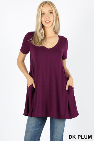 4732 1/4S V Neck Flared TOP w/ Pockets in DK PLUM