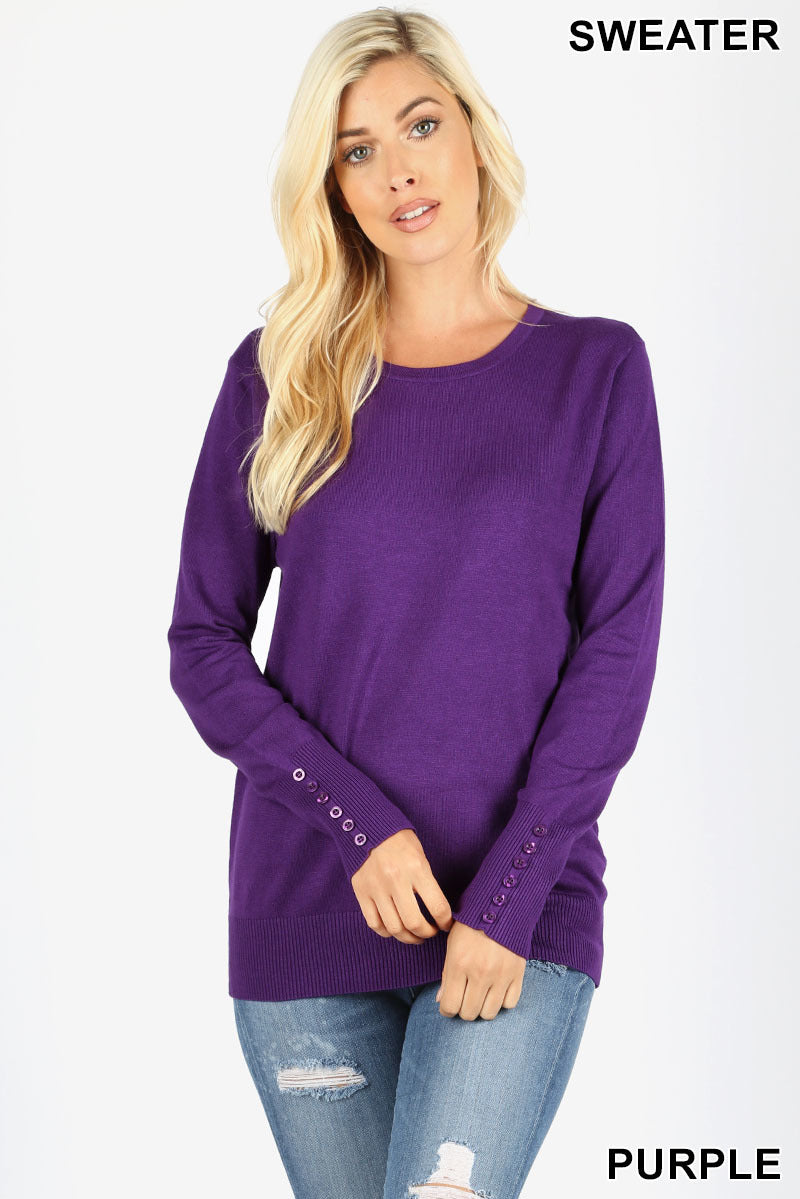 5224 4/4S Round Neck w/ Sleeve Button Detail SWEATER in PURPLE