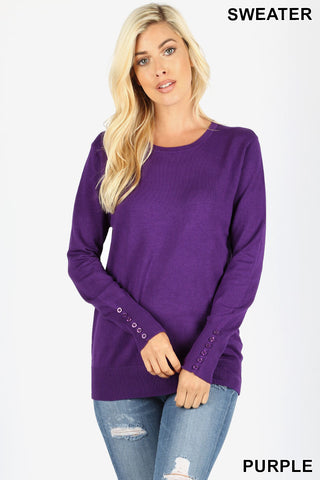 5224 4/4S Round Neck w/ Sleeve Button Detail SWEATER in PURPLE