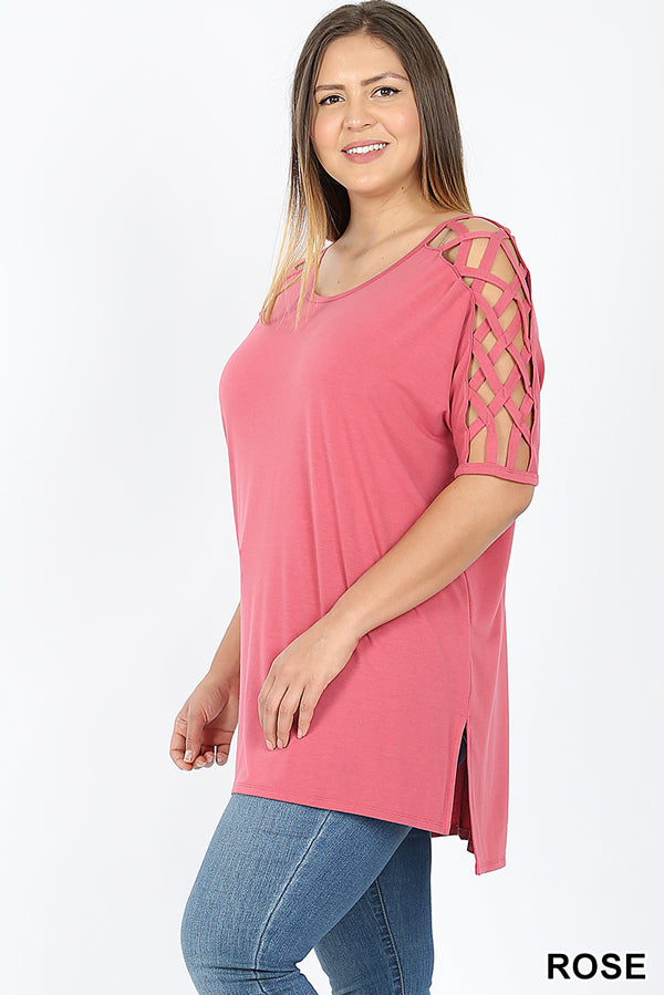4735 1/4S Criss Cross Shoulder HiLo Hem TOP in ROSE