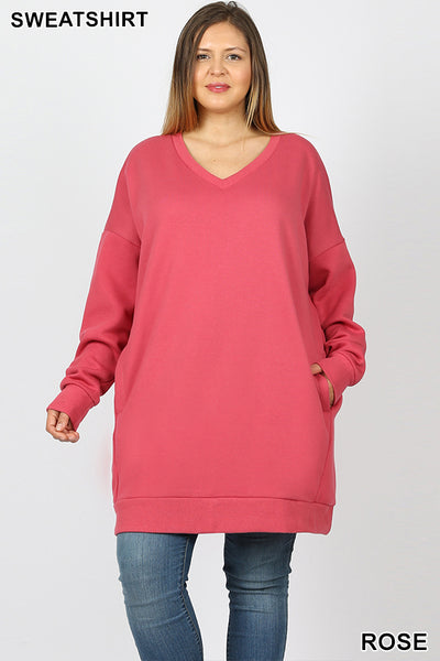 5716 4/4S OVZ V Neck SWEATSHIRT w PKTS in ROSE