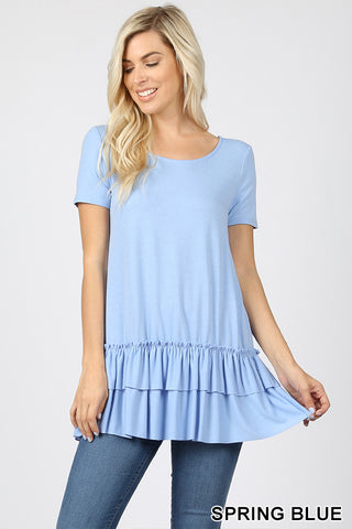 4946 1/4S Double Ruffle Bottom Round Neck TOP in SPRING BLUE