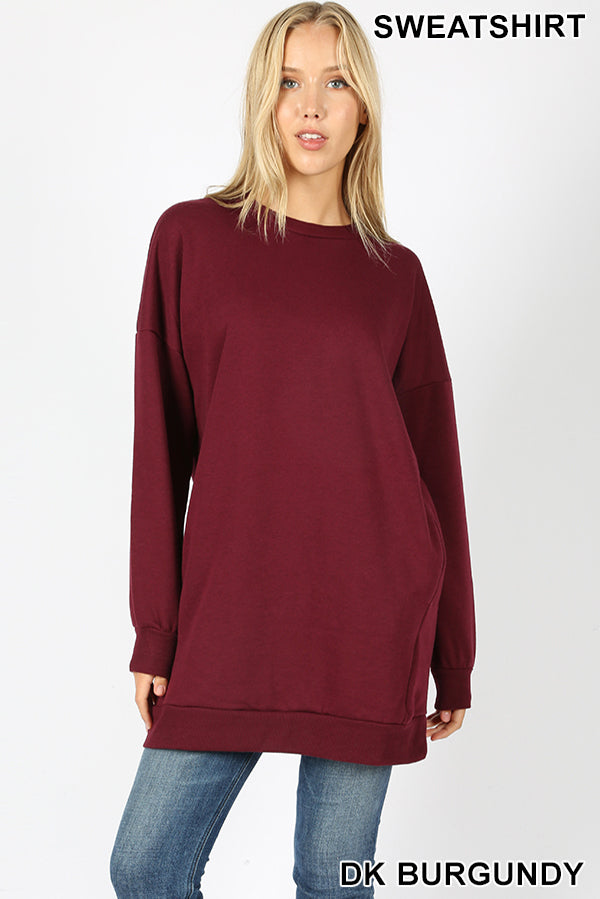 5703 4/4S OVZ R Neck SWEATSHIRT w PKTS in DK BURGUNDY